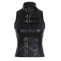 Punk Street Style Spice Girl Turtleneck Metal Buckle Pu Leather Vest Slim Fit Sexy Short Sleeveless Top