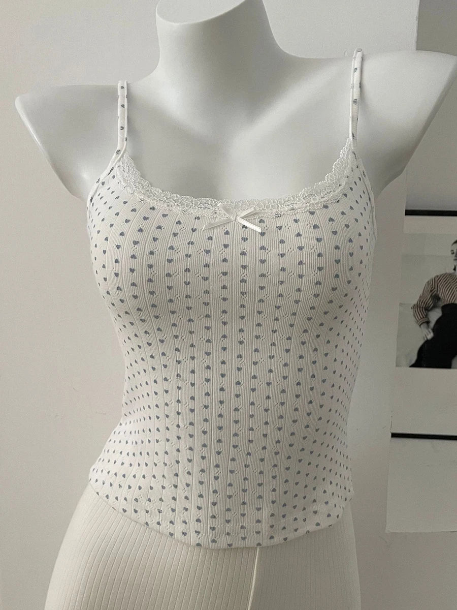 Floral Print Lace Trim Camis Women Summer New Bow Slim Sleeveless Crop Tops Vest Sweet Cute Sexy Preppy Style Tank Top Y2k Chic