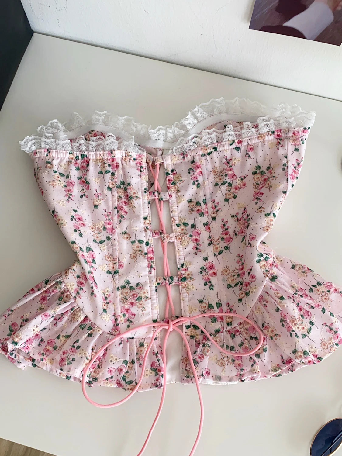 Dopne Floral Tie Waist Vest Women's Summer Lace Trim Belted Fibone Design Slimming Top Commute Sle Splice Edition