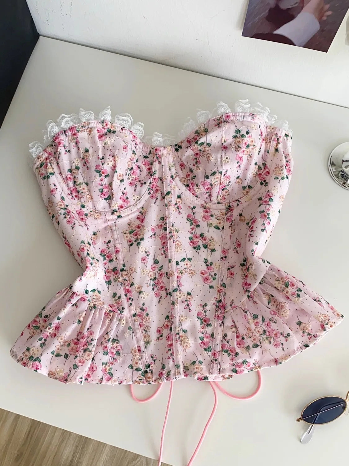 Dopne Floral Tie Waist Vest Women's Summer Lace Trim Belted Fibone Design Slimming Top Commute Sle Splice Edition