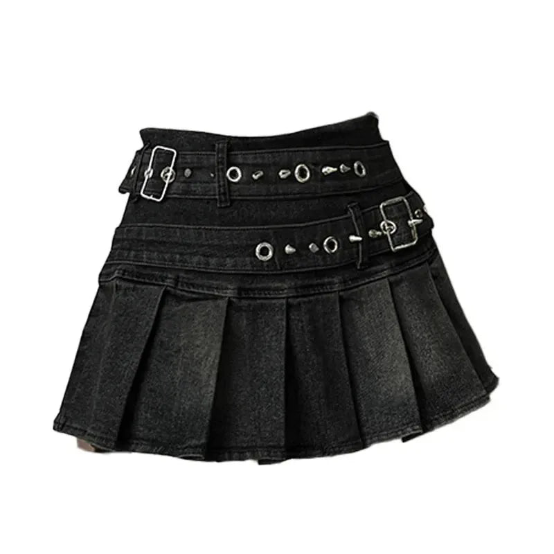 Woman Vintage Denim Pleated Skirt Lace Fold Design A-line Short Skirt Built in Shorts American Spicy Girl Korea Fashion Hotsweet