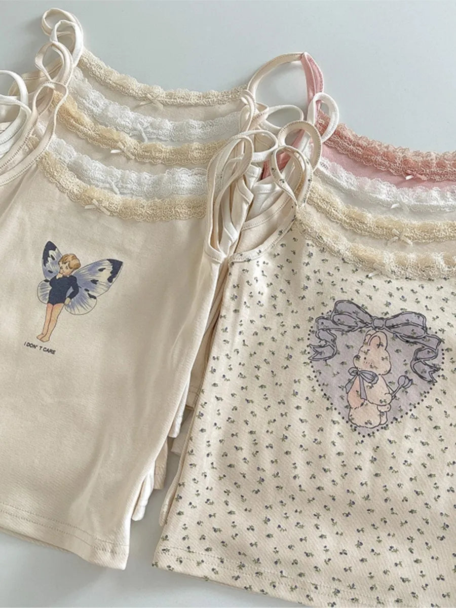 Cute Cartoon Lace Trim Tank Tops Women Summer New Slim Cotton Sleeveless Vests Vintage Sweet Preppy Style Camisole Y2K Clothes