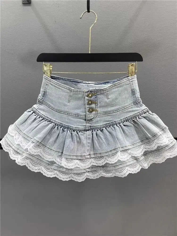 Woman Vintage Denim Pleated Skirt Lace Fold Design A-line Short Skirt Built in Shorts American Spicy Girl Korea Fashion Hotsweet
