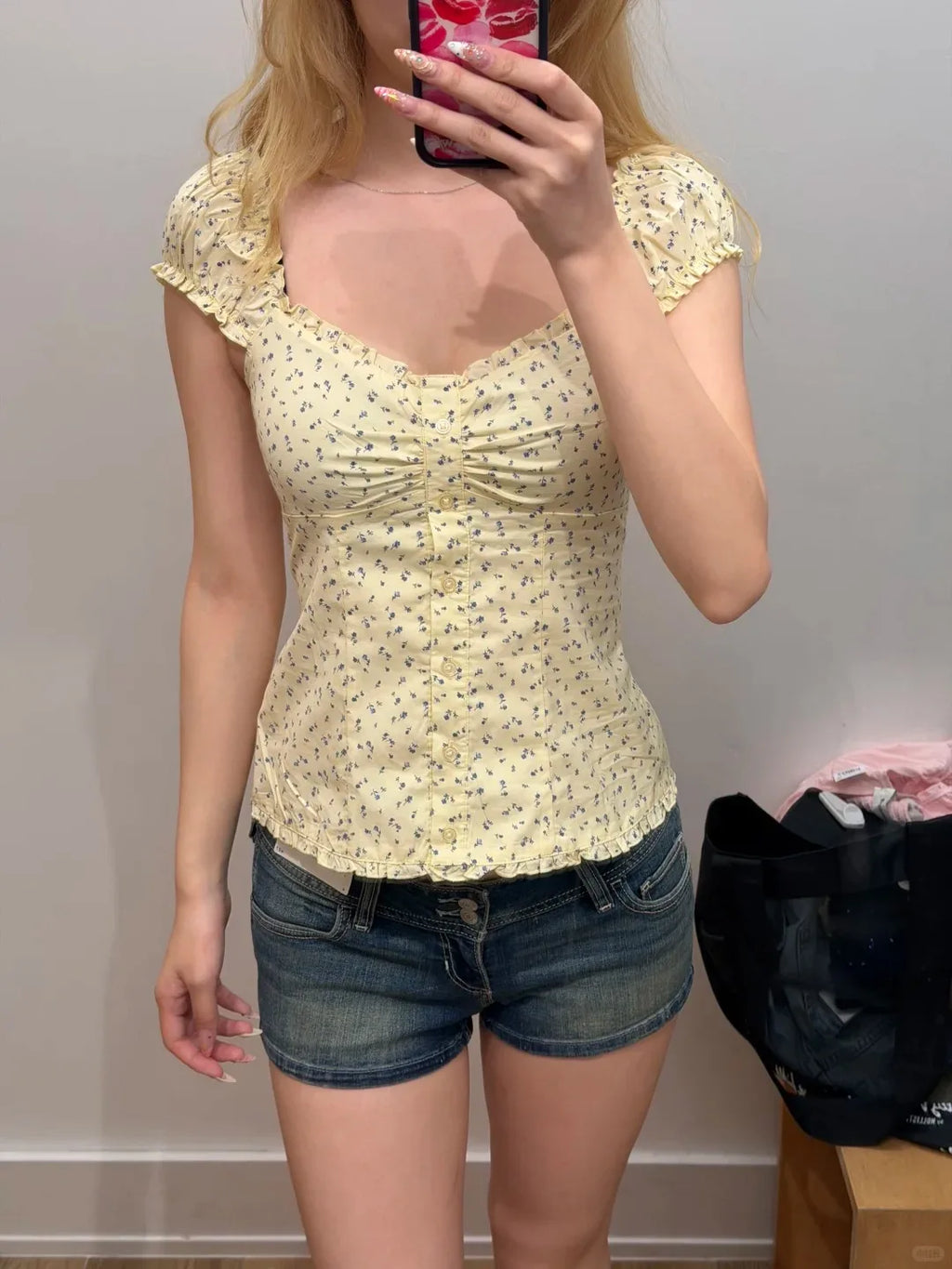 Pink Floral Print Cinched T-shirt Blouse Women Sexy Folds Square Collar Lace-up T-shirts Summer Sweet Vintage Backless Tops Tees