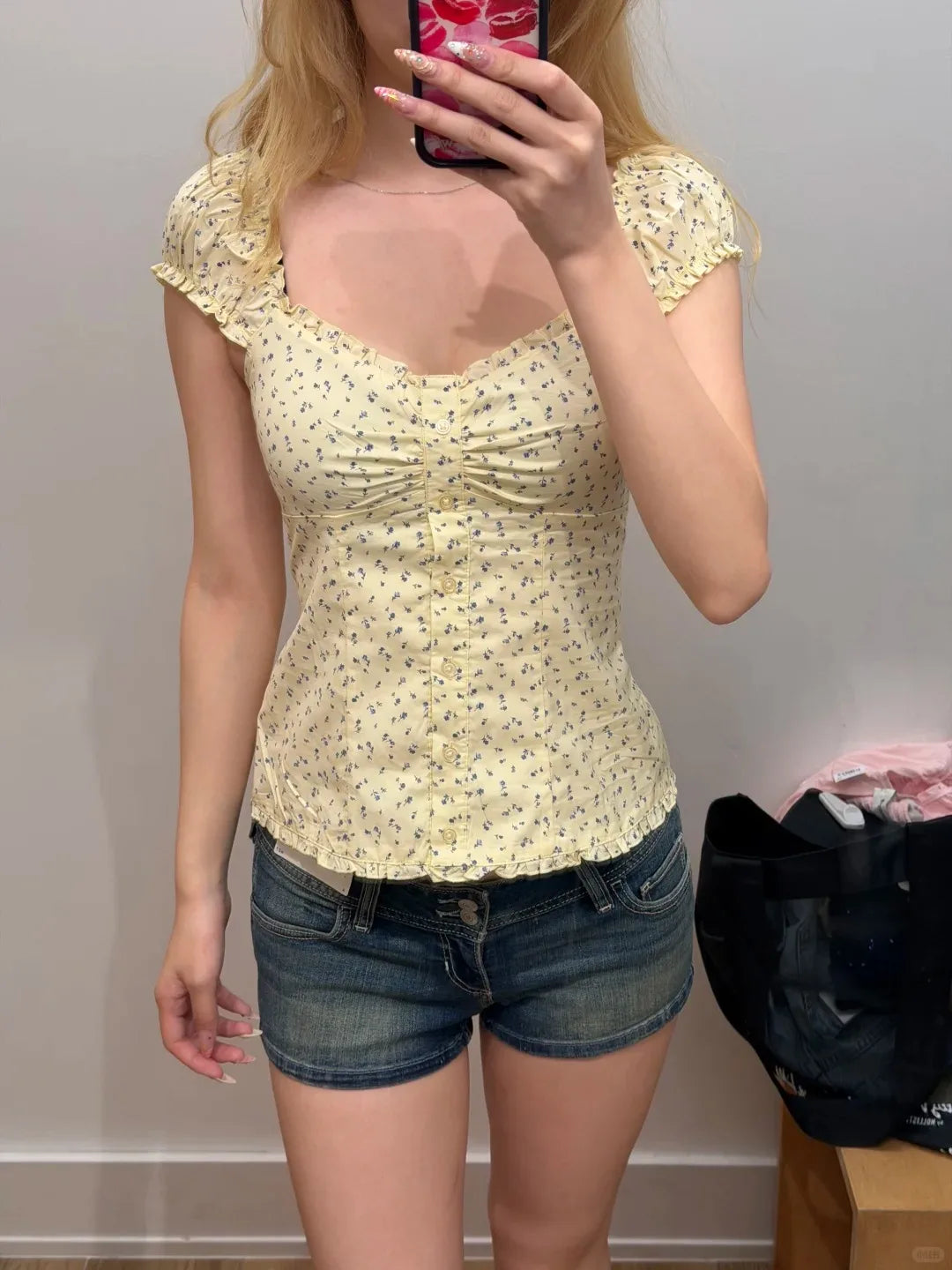 Pink Floral Print Cinched T-shirt Blouse Women Sexy Folds Square Collar Lace-up T-shirts Summer Sweet Vintage Backless Tops Tees