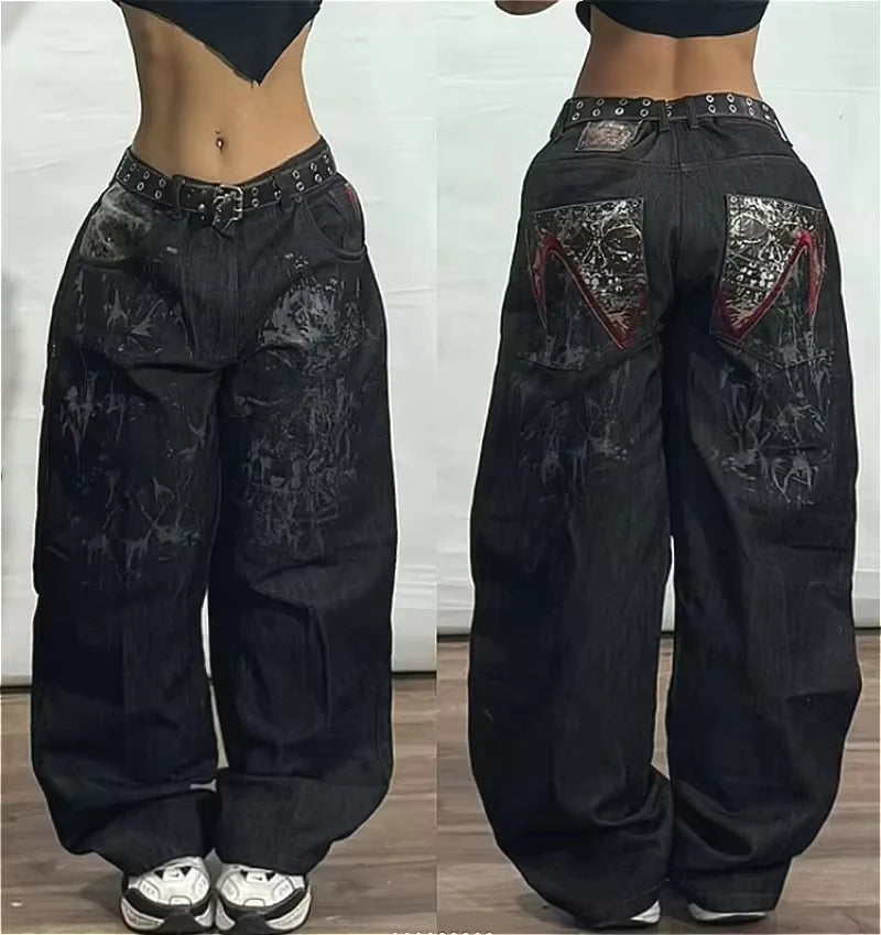 American Fashion Trend Joker Pattern Embroidered Loose Jeans Women Street Y2K New Hip Hop Oversized Wide-leg Pants Unisex Jeans