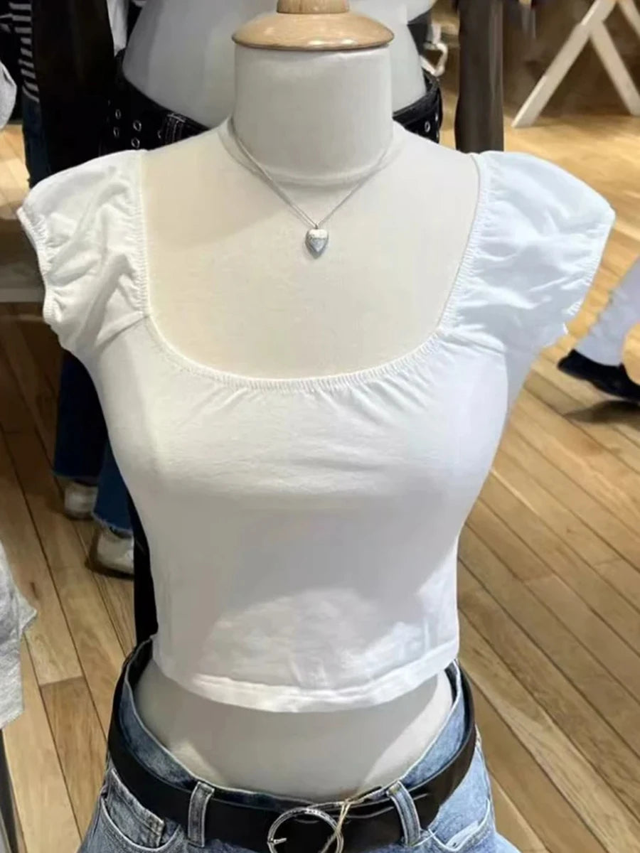 Pink Ruffle Slim Short Sleeve Tee Women Summer Square Collar Cotton Mesh Folds T-shirts Female Aesthetic Sweet Cute Y2K Tops New