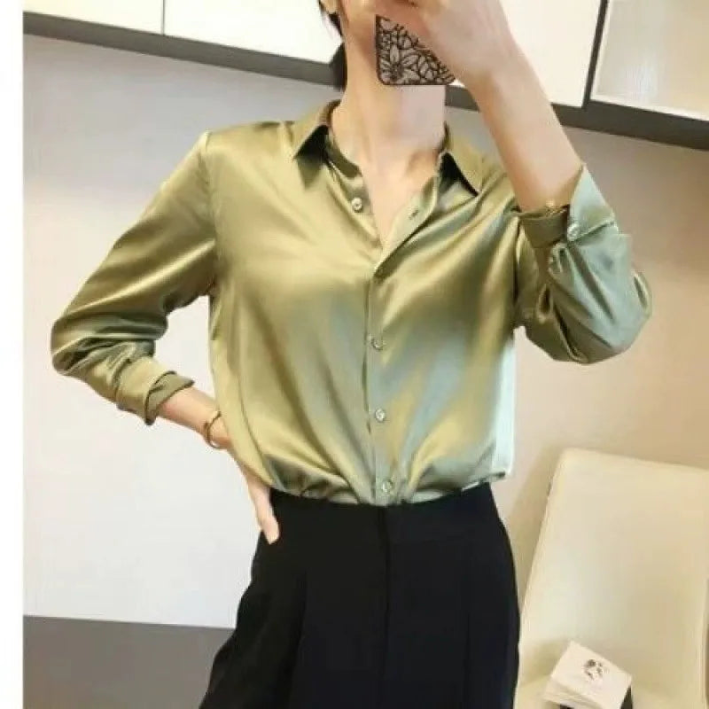Elegant Silk Office Shirts Women Korean Fashion Y2k Clothes Slim Long Sleeve White Black Blusas Mujer Workwear Tops Blouses LS84