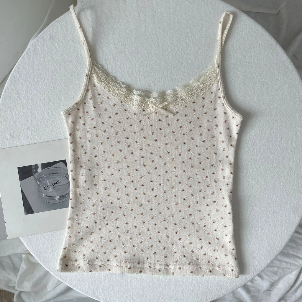 Floral Print Lace Trim Camis Women Summer New Bow Slim Sleeveless Crop Tops Vest Sweet Cute Sexy Preppy Style Tank Top Y2k Chic