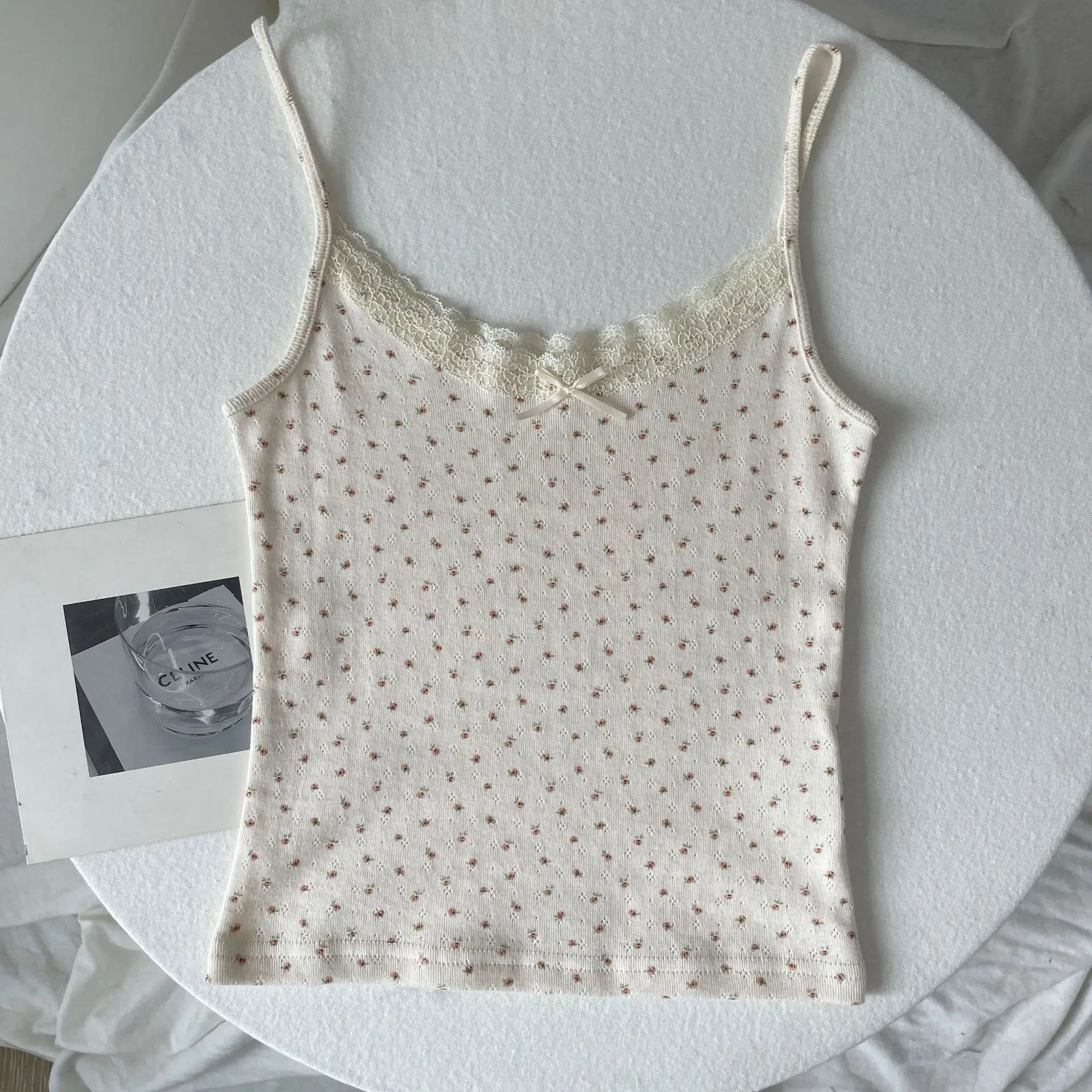 Floral Print Lace Trim Camis Women Summer New Bow Slim Sleeveless Crop Tops Vest Sweet Cute Sexy Preppy Style Tank Top Y2k Chic