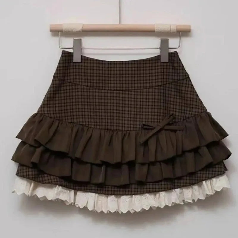 Woman Vintage Denim Pleated Skirt Lace Fold Design A-line Short Skirt Built in Shorts American Spicy Girl Korea Fashion Hotsweet