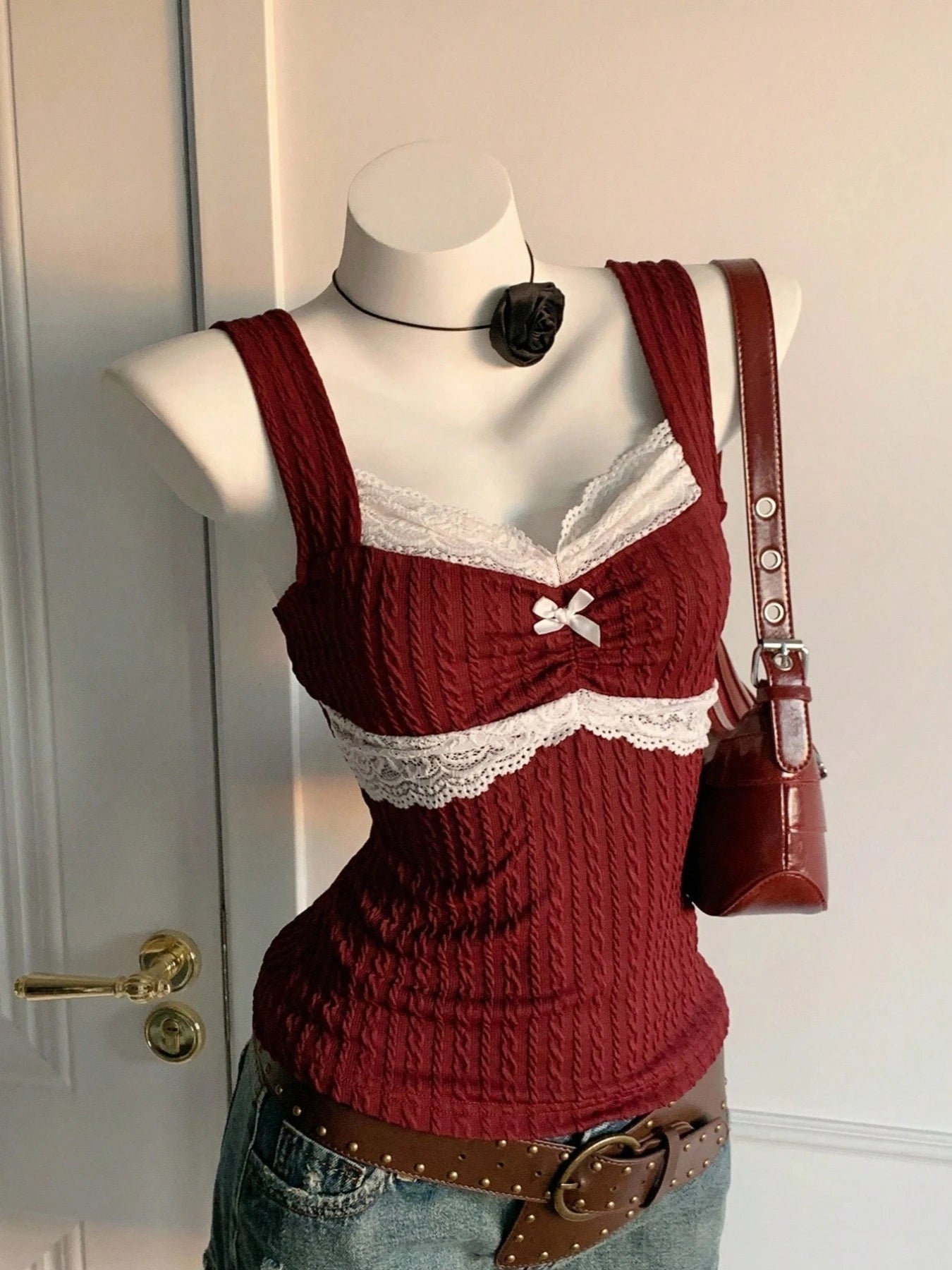 Y2K Summer Fashion New Lace Splicing Bow Decoration Pure Desire Women's Tank Top