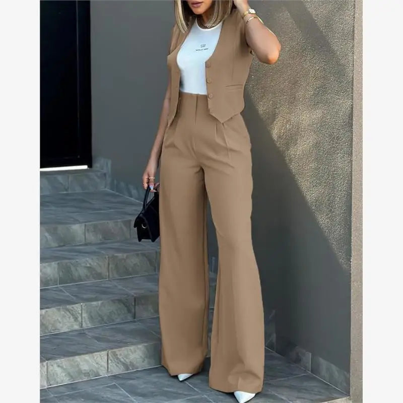 Fashionable Women's Casual Suit Set Wide Leg Pants Vest Two-Piece Outfit Chic Workwear Winter Office Ensemble for Middle-Aged...