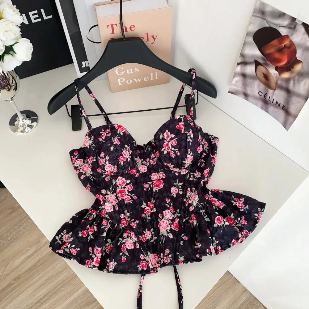 Sexy Slim  Corset ruffle print Chic Korean Camis Tank Top Basic Fashion Off Shoulder Summer Women Clothing
