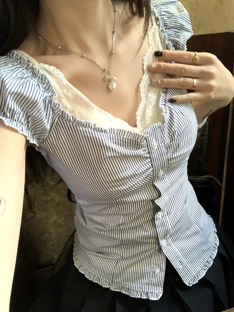 Pink Floral Print Cinched T-shirt Blouse Women Sexy Folds Square Collar Lace-up T-shirts Summer Sweet Vintage Backless Tops Tees