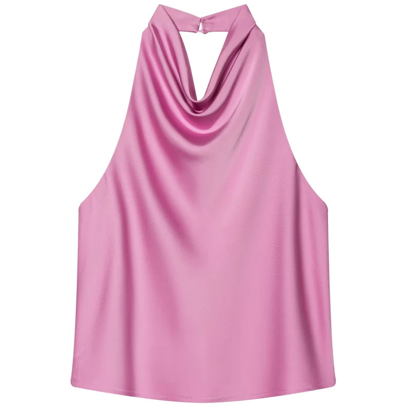 HXAO Satin Halter Top Women Summer 2025 Black Yellow Tanks & Camis Crop Smooth Off Shoulder Tank Top Sleeveless Backless Vests