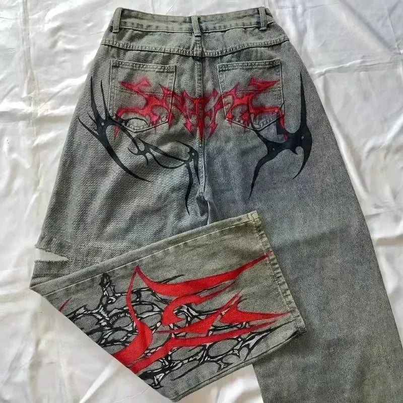 American Fashion Trend Joker Pattern Embroidered Loose Jeans Women Street Y2K New Hip Hop Oversized Wide-leg Pants Unisex Jeans