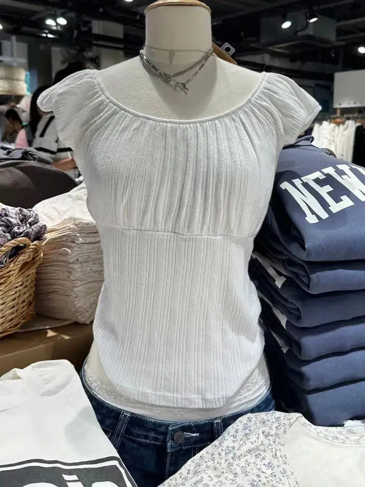 Pink Ruffle Slim Short Sleeve Tee Women Summer Square Collar Cotton Mesh Folds T-shirts Female Aesthetic Sweet Cute Y2K Tops New