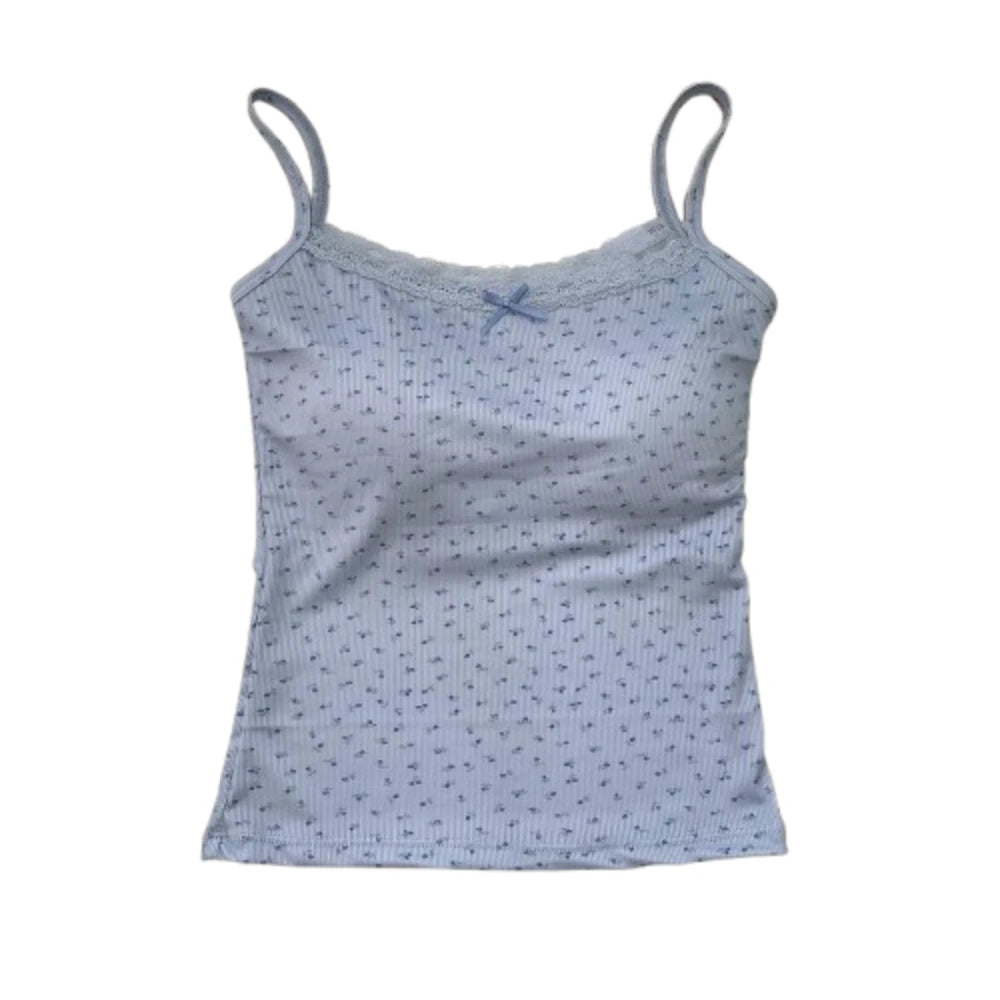 Elegant Sweet Floral Tank Tops Bowknot BM Style Lace Vest T-Shirt Bra Tops Casual Y2k Crop Top Spring Summer