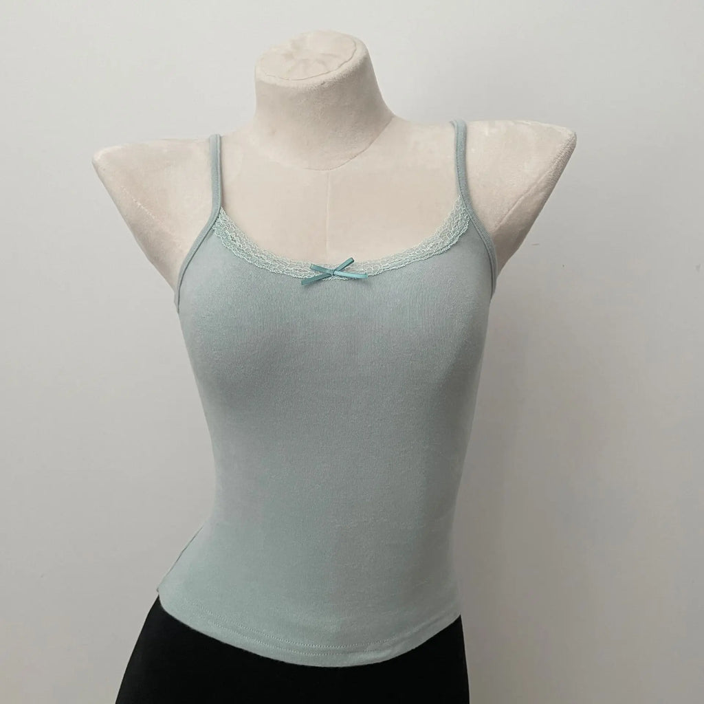 Floral Print Lace Trim Camis Women Summer New Bow Slim Sleeveless Crop Tops Vest Sweet Cute Sexy Preppy Style Tank Top Y2k Chic