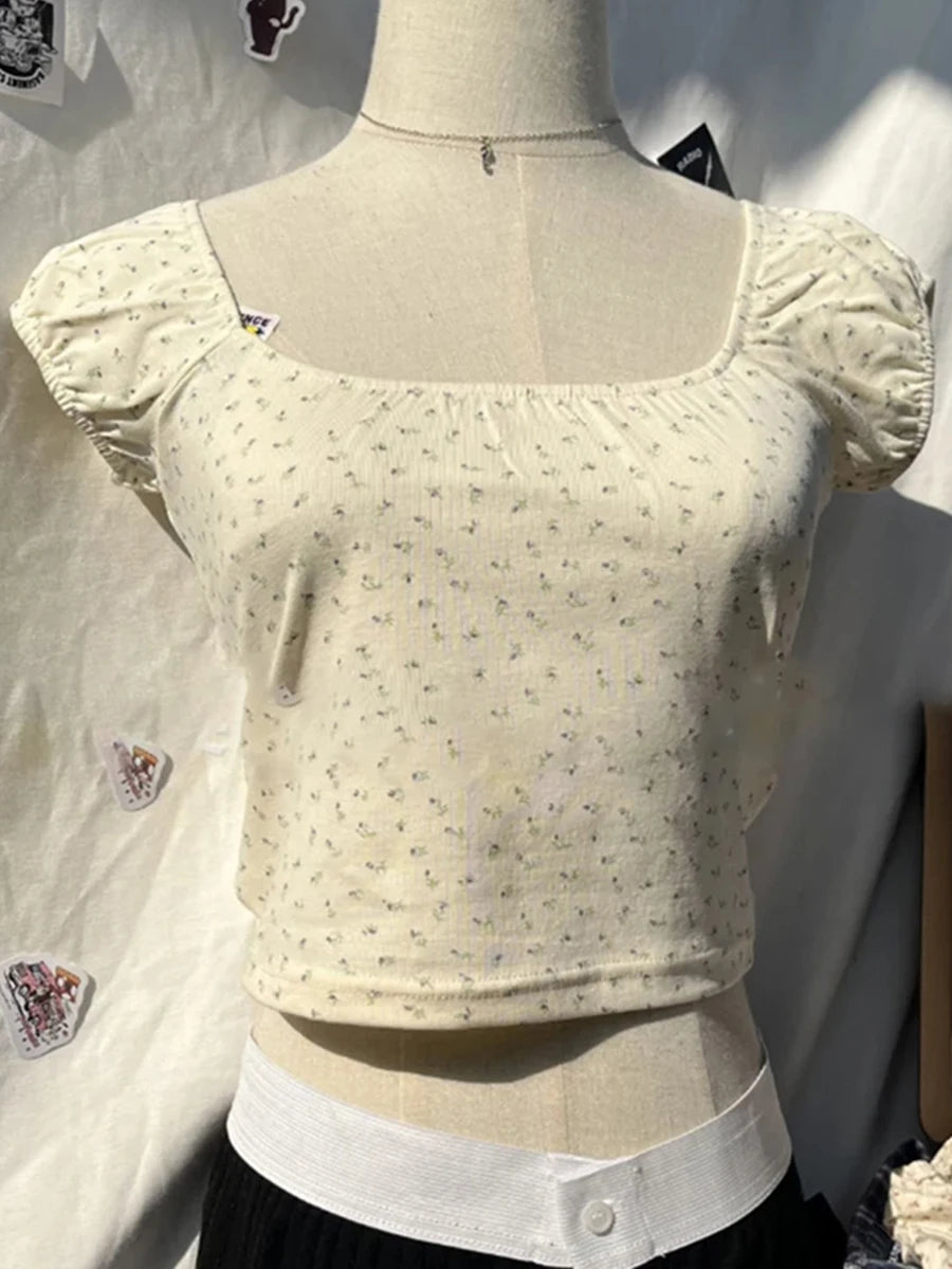 Pink Ruffle Slim Short Sleeve Tee Women Summer Square Collar Cotton Mesh Folds T-shirts Female Aesthetic Sweet Cute Y2K Tops New