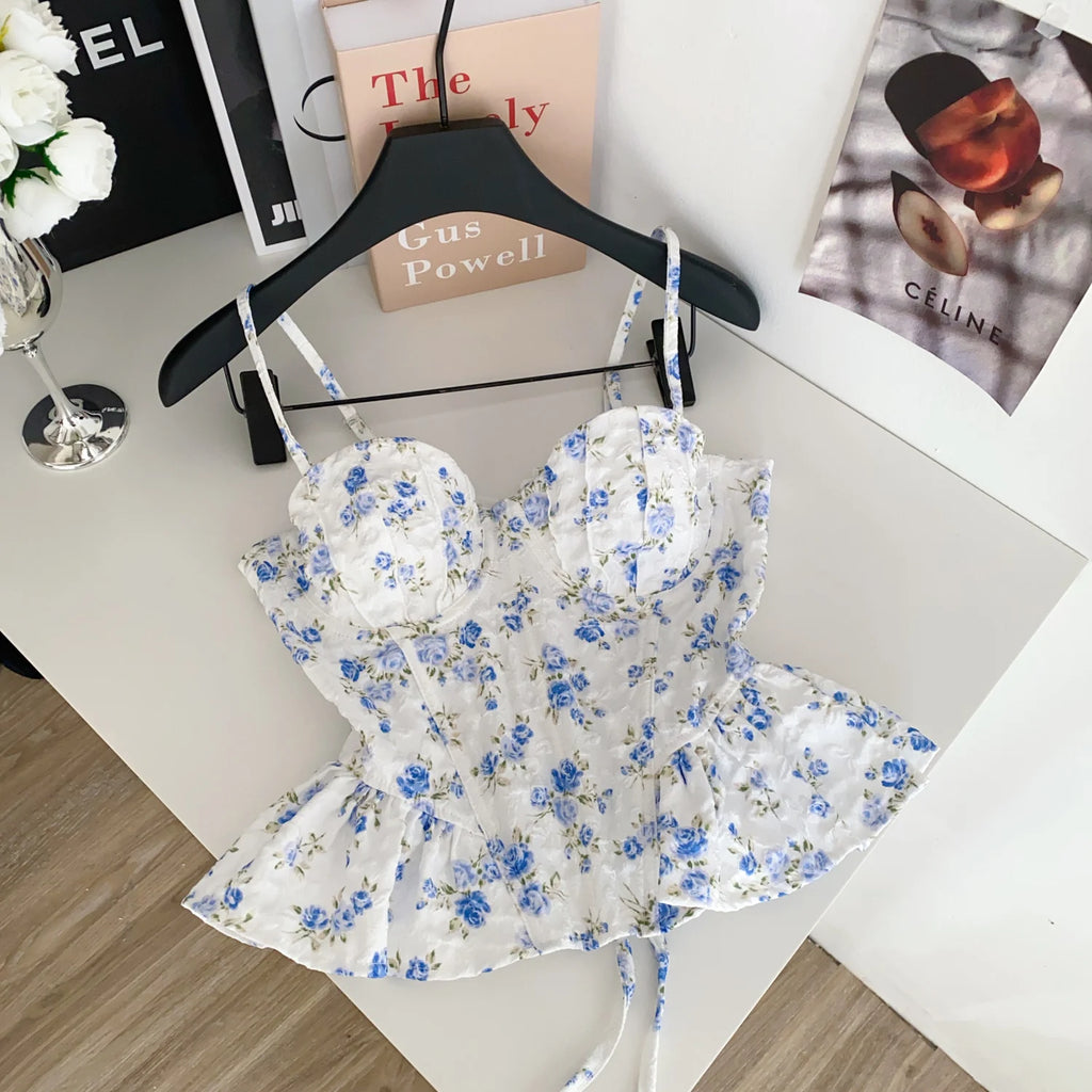 Sexy Slim  Corset ruffle print Chic Korean Camis Tank Top Basic Fashion Off Shoulder Summer Women Clothing