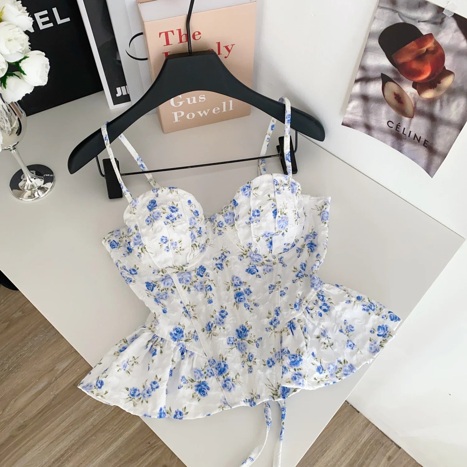 Sexy Slim  Corset ruffle print Chic Korean Camis Tank Top Basic Fashion Off Shoulder Summer Women Clothing