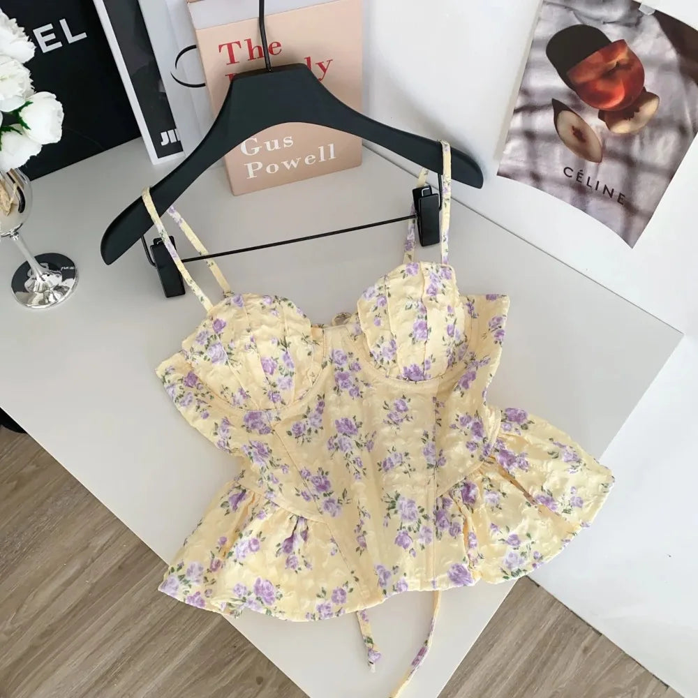 Sexy Slim  Corset ruffle print Chic Korean Camis Tank Top Basic Fashion Off Shoulder Summer Women Clothing