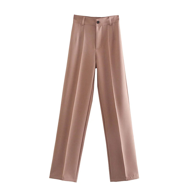 Women Chic Fashion Office Wear Straight Pants Vintage High Waist Zipper Fly Female Trousers Mujer