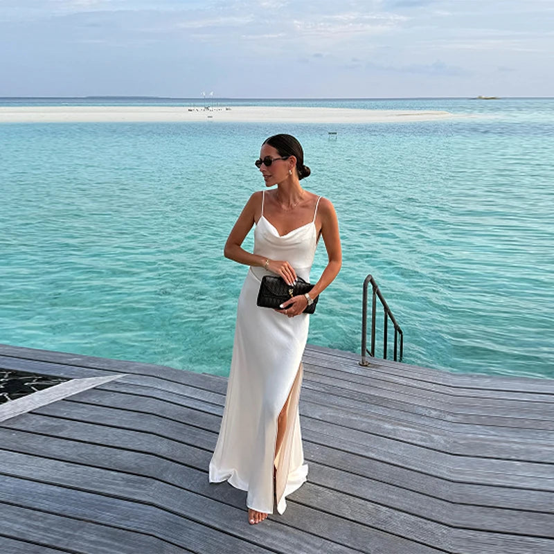 Women's Elegant Satin V Neck Long Dress Sleeveless Backless High Fork Robes Vacation Beach Maxi Vestidos 2026 New Lady Dresses
