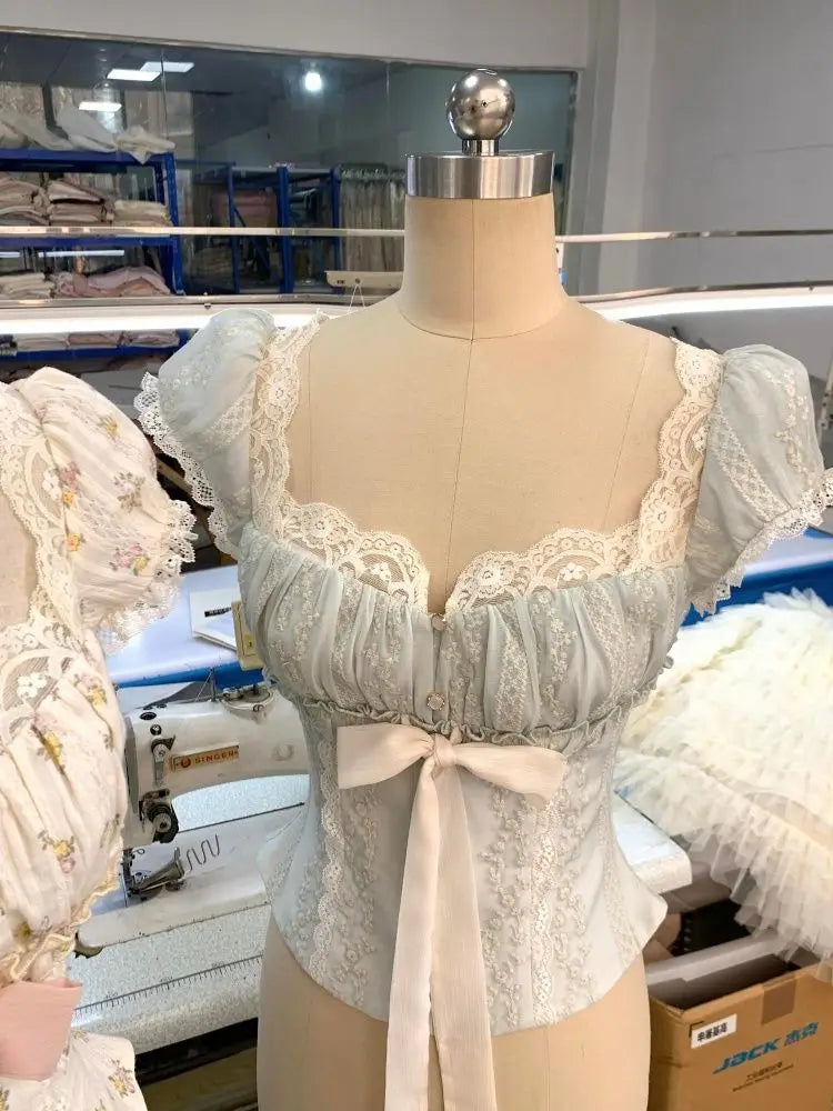 French Vintage Sweet Lace Trim Floral Blouse Women Bow Tie Front Ruched Crop Top Coquette Harajuku Y2K Summer Outfit Chic Retro
