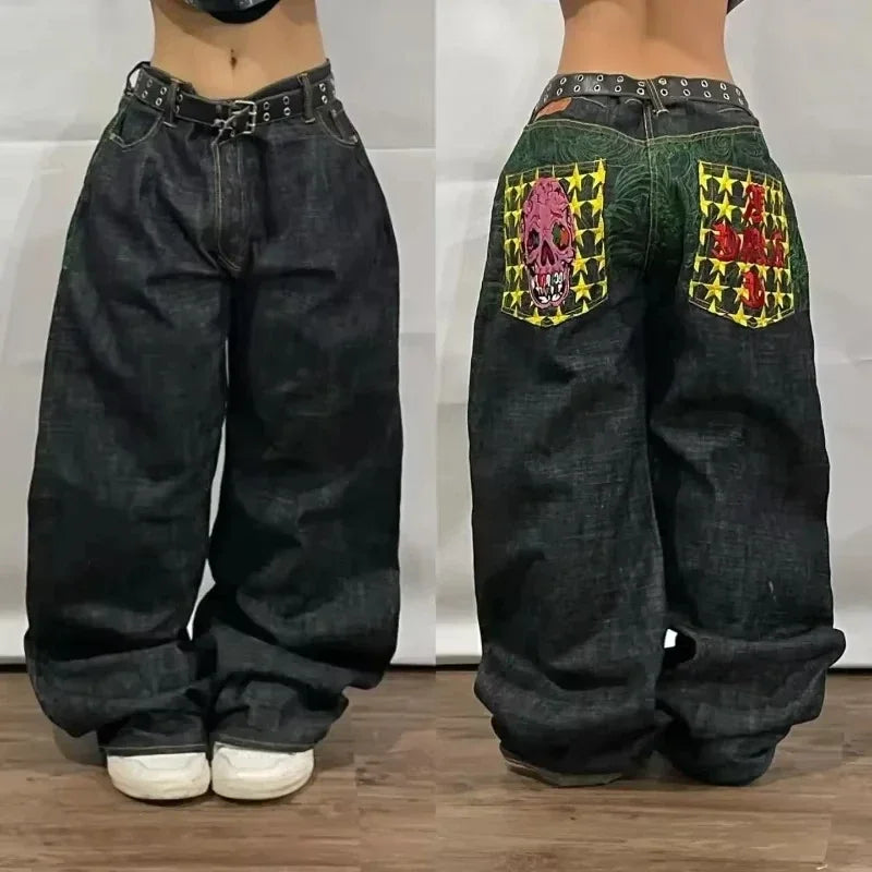 American Fashion Trend Joker Pattern Embroidered Loose Jeans Women Street Y2K New Hip Hop Oversized Wide-leg Pants Unisex Jeans