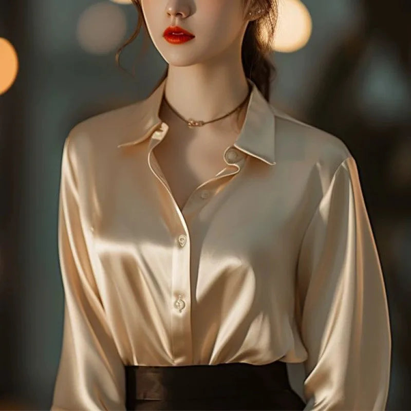 Elegant Silk Office Shirts Women Korean Fashion Y2k Clothes Slim Long Sleeve White Black Blusas Mujer Workwear Tops Blouses LS84