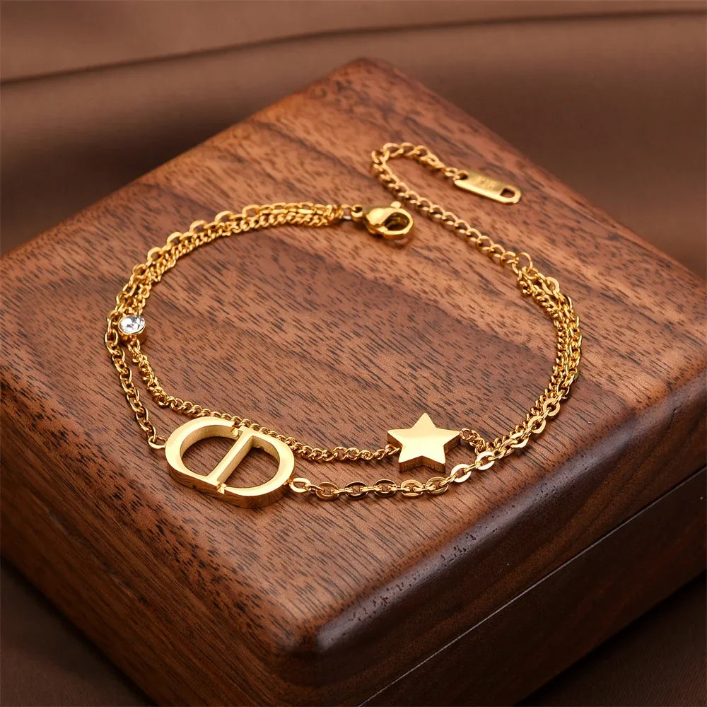 Fashionable Titanium Steel Double Layer Bracelet with Letter Star Design Simple Elegance Daily Wear Unique Style Hand Jewelry