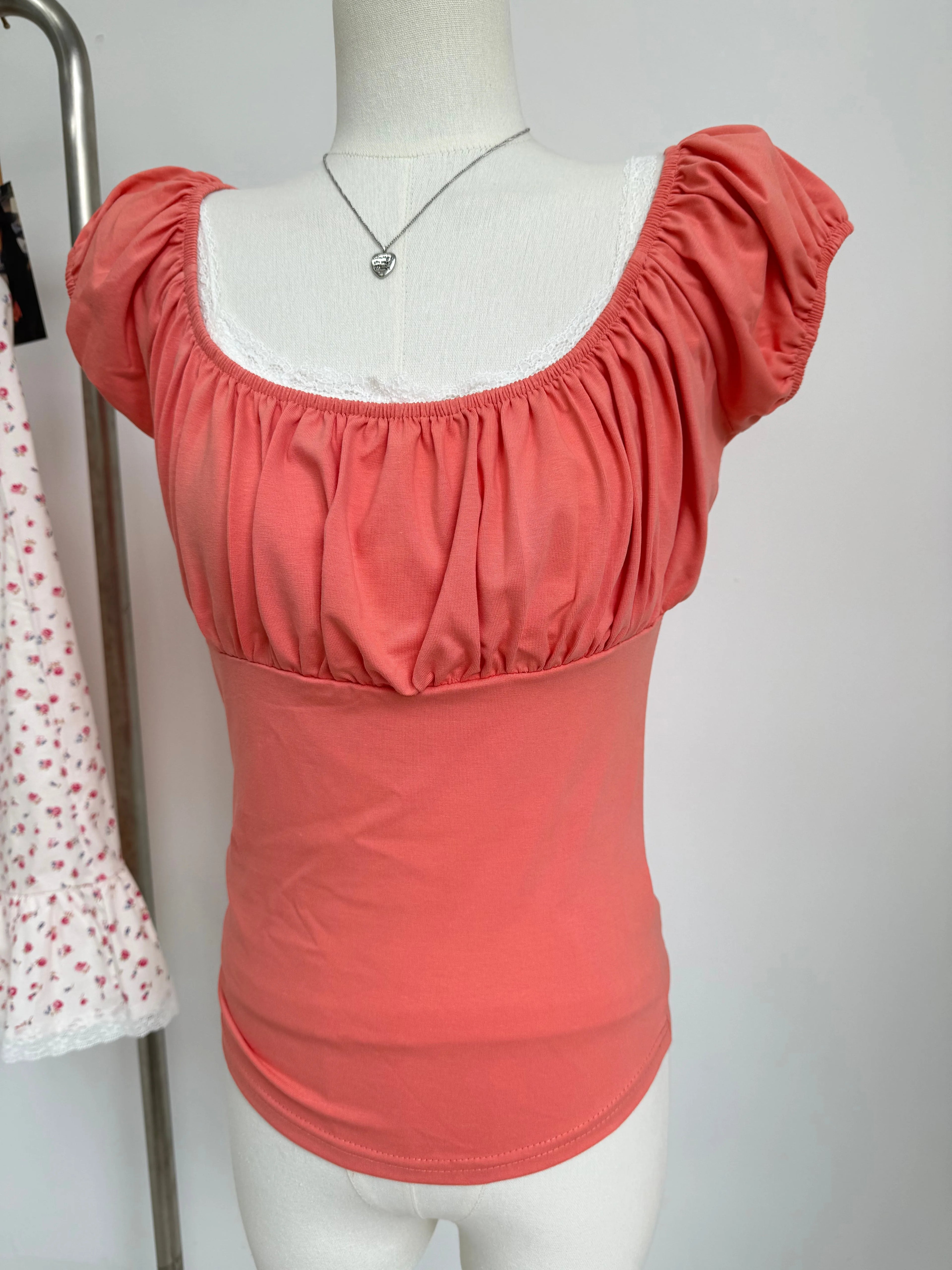 Pink Ruffle Slim Short Sleeve Tee Women Summer Square Collar Cotton Mesh Folds T-shirts Female Aesthetic Sweet Cute Y2K Tops New