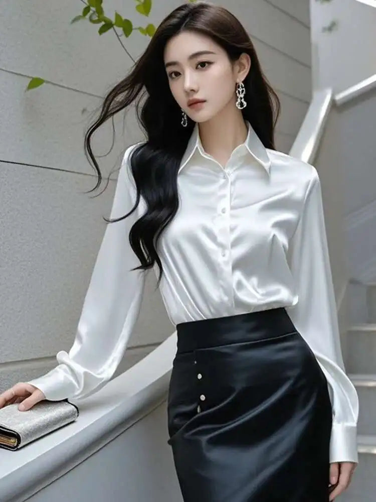 Elegant Silk Office Shirts Women Korean Fashion Y2k Clothes Slim Long Sleeve White Black Blusas Mujer Workwear Tops Blouses LS84