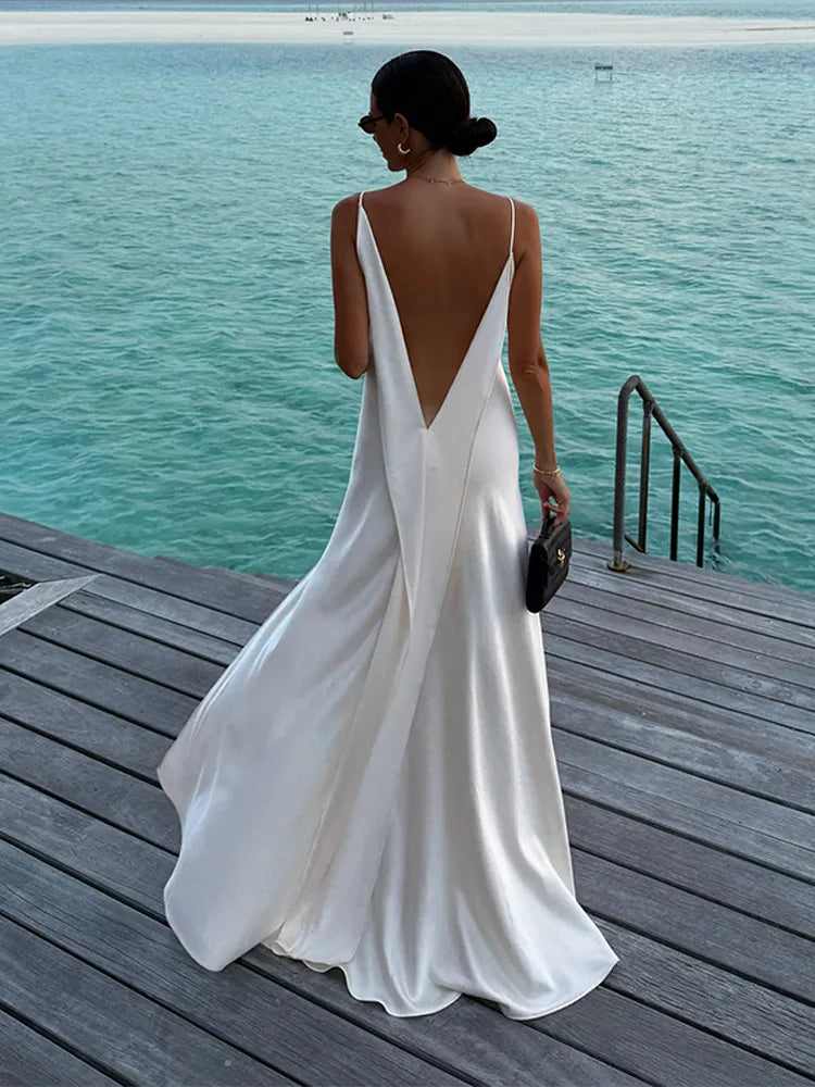 Women's Elegant Satin V Neck Long Dress Sleeveless Backless High Fork Robes Vacation Beach Maxi Vestidos 2026 New Lady Dresses