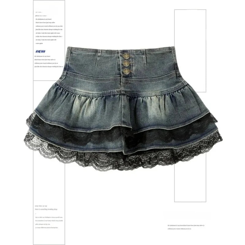 Woman Vintage Denim Pleated Skirt Lace Fold Design A-line Short Skirt Built in Shorts American Spicy Girl Korea Fashion Hotsweet