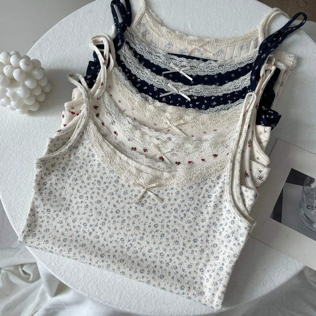 Floral Print Lace Trim Camis Women Summer New Bow Slim Sleeveless Crop Tops Vest Sweet Cute Sexy Preppy Style Tank Top Y2k Chic