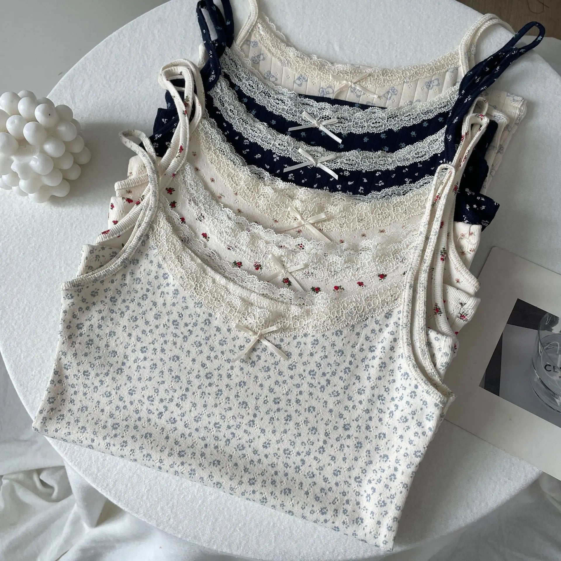 Floral Print Lace Trim Camis Women Summer New Bow Slim Sleeveless Crop Tops Vest Sweet Cute Sexy Preppy Style Tank Top Y2k Chic