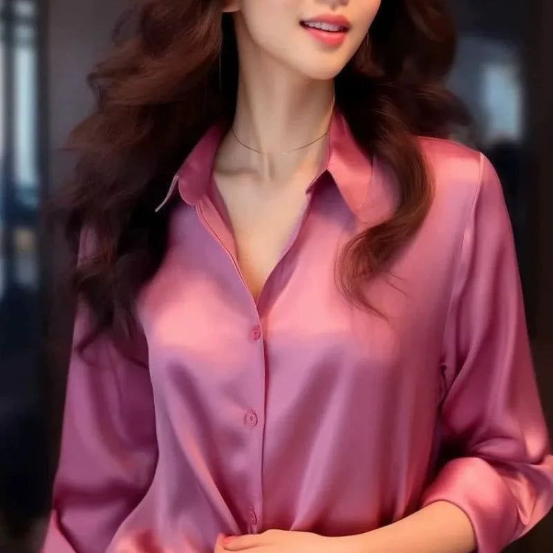 Elegant Silk Office Shirts Women Korean Fashion Y2k Clothes Slim Long Sleeve White Black Blusas Mujer Workwear Tops Blouses LS84