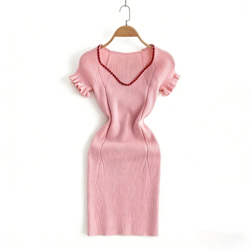 Women's Pink Short Sleeve Ruffle Trim V-Neck Sundress Trim Stretchy Ribbed Knit Bodycon Mini Dress Casual Party Clubwear Dress