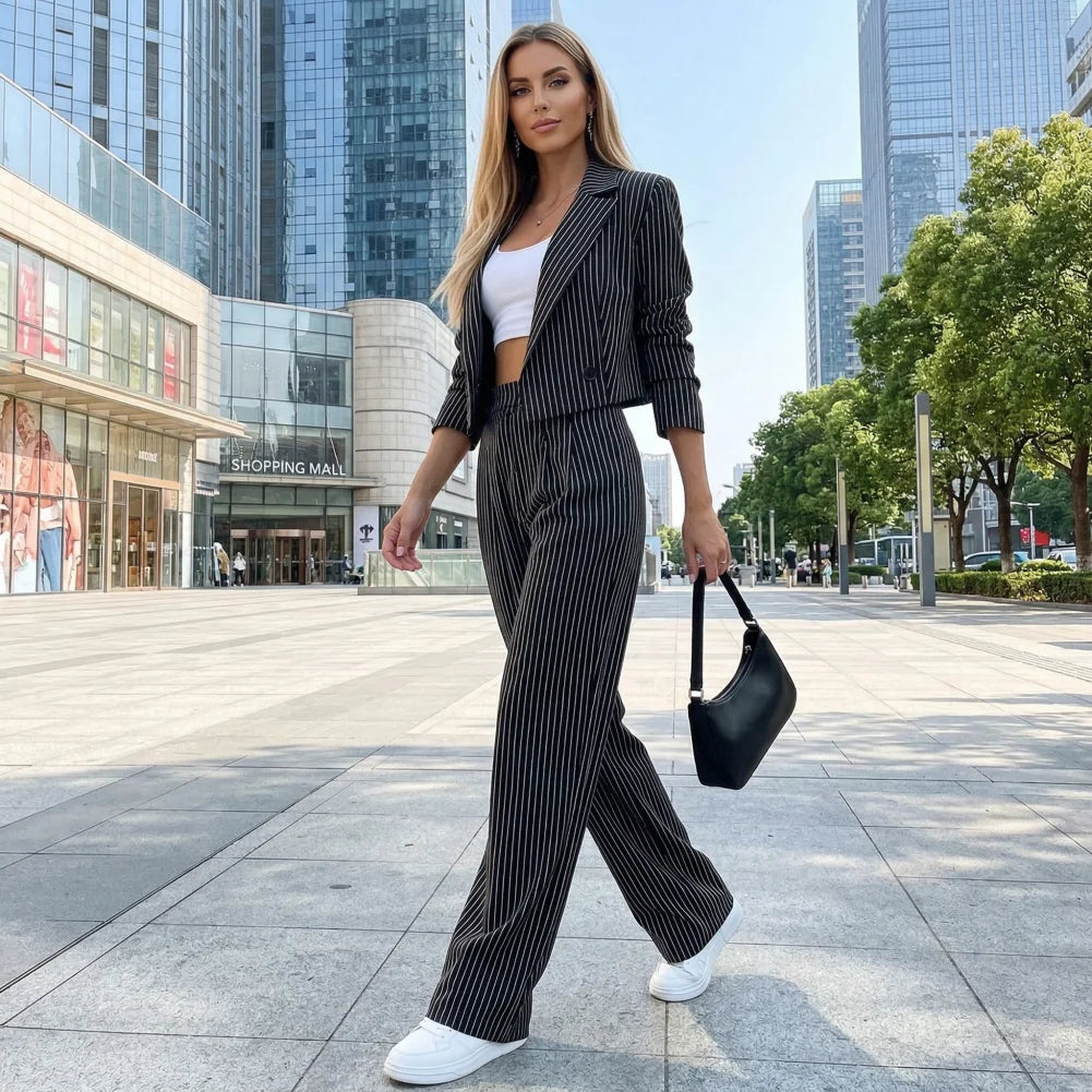 Women's Sets Two 2 Pieces Sale Casual Short Blazer Jackets& High Elastic Waist OL Workwear Wide Leg Pant Suits 14090794