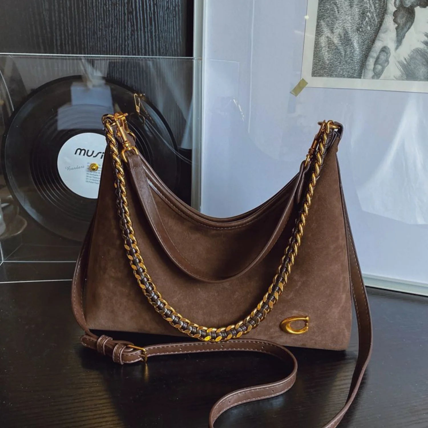 Women's new light luxury fashionablehigh-end black suede shouldercrossbody bag,versatile for commuting, large capacity tote bag