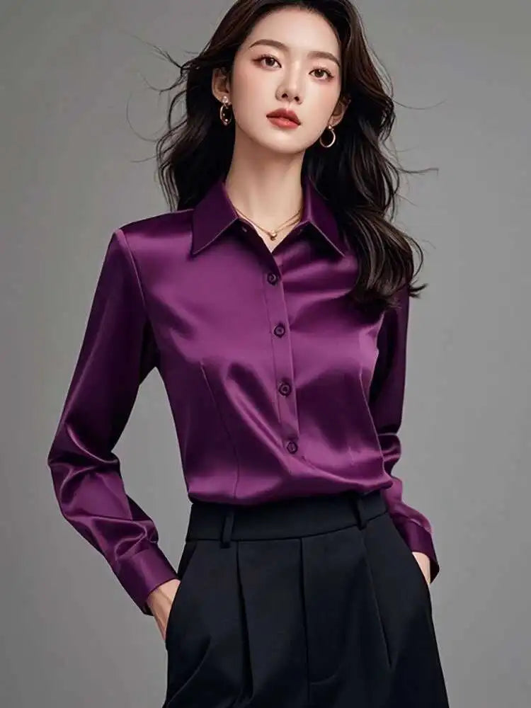 Elegant Silk Office Shirts Women Korean Fashion Y2k Clothes Slim Long Sleeve White Black Blusas Mujer Workwear Tops Blouses LS84