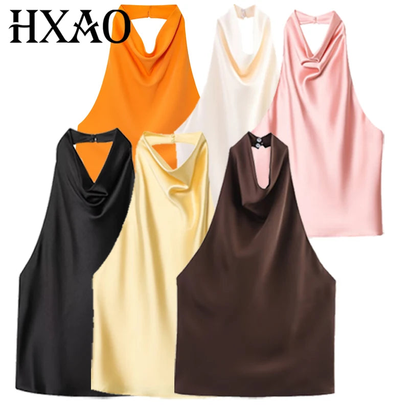 HXAO Satin Halter Top Women Summer 2025 Black Yellow Tanks & Camis Crop Smooth Off Shoulder Tank Top Sleeveless Backless Vests