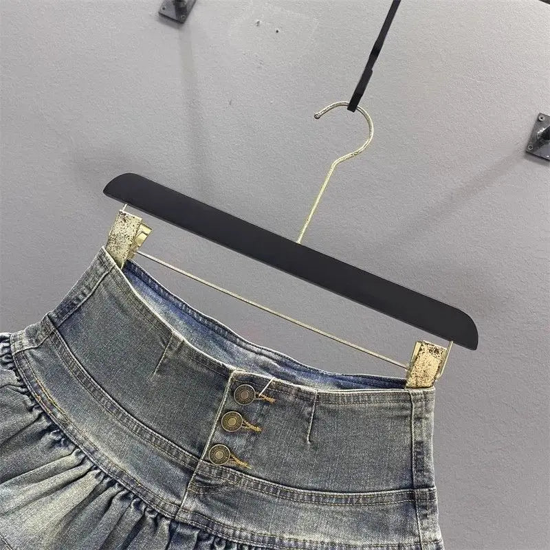 Woman Vintage Denim Pleated Skirt Lace Fold Design A-line Short Skirt Built in Shorts American Spicy Girl Korea Fashion Hotsweet