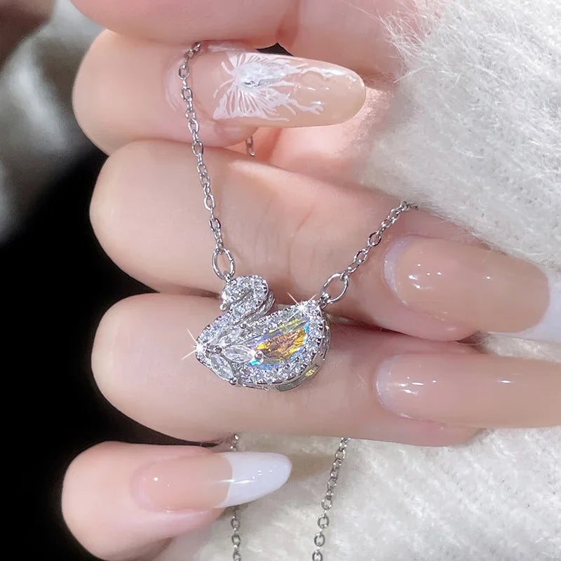 Designer Shiny Sterling Silver Inlaid Zircon Colored Crystal Swan Pendant Necklace for Women Girls Collarbone Chain Jewelry Gift