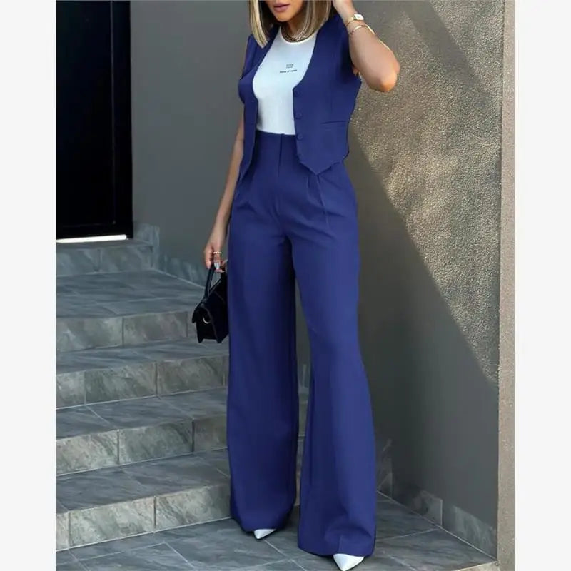 Fashionable Women's Casual Suit Set Wide Leg Pants Vest Two-Piece Outfit Chic Workwear Winter Office Ensemble for Middle-Aged...