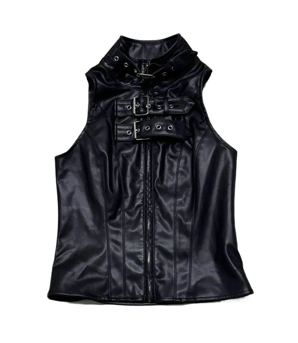 Punk Street Style Spice Girl Turtleneck Metal Buckle Pu Leather Vest Slim Fit Sexy Short Sleeveless Top